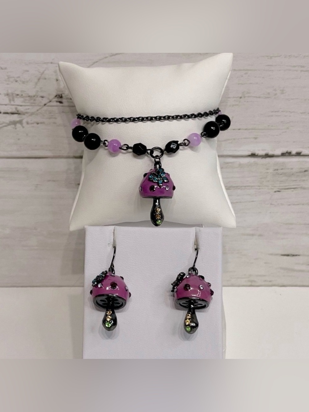 NEW Purple Crystal Mushroom Layered Bracelet & Earring Set